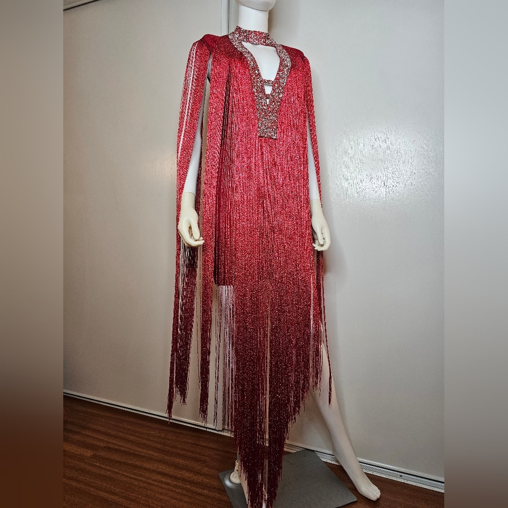 Anewsta Fringe Bodycon Evening Cocktail Dress Size S EU 36 US 4 Deep V Sparkle - Picture 7 of 16